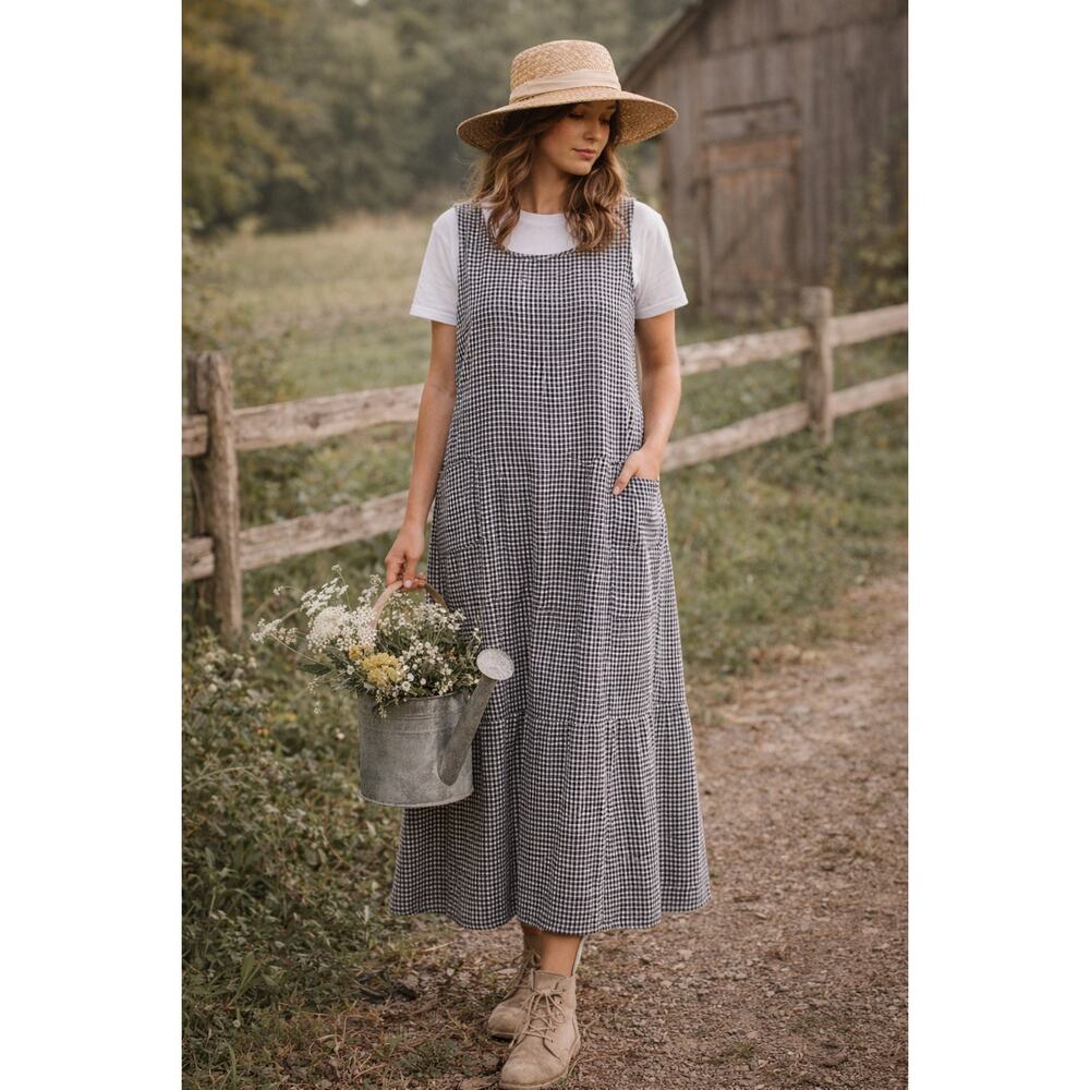 Christopher & Banks VTG SZ XL Black White Gingham Maxi Dress Minimalist Modest